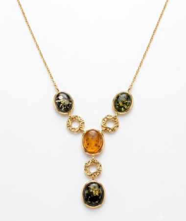 Lant argint 925 dama - Colier din Argint 925 Placat cu Aur „Royal Amber Drop” cu Chihlimbar Multicolor, 40+4 cm, 12.00g