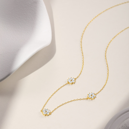 Lant argint 925 dama - Colier din Argint 925 Placat cu Aur - Trio Flori de Zirconiu