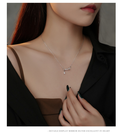 Lant argint 925 dama - Colier din Argint 925 Rodiat – Model "Fluid Wave" cu Zirconiu Teardrop