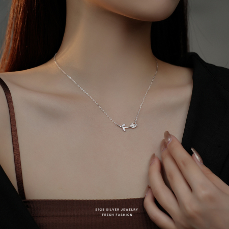 Lant argint 925 dama - Colier din Argint 925 Rodiat – Model Tulip Bloom cu Zirconiu