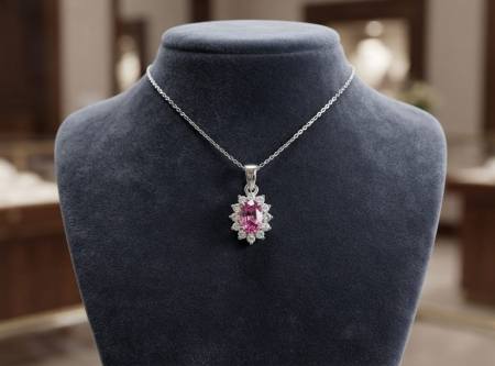 bijuterii diamant - Colier din Aur Alb cu Safir Roz și Diamante Halo