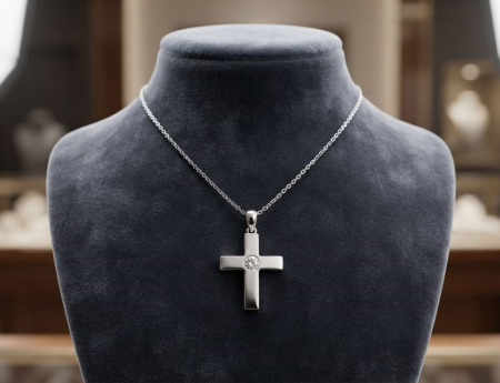 LANT AUR CU DIAMANTE NATURALE - Colier din Aur Alb de 14K cu Pandantiv Cruce și Diamant Central