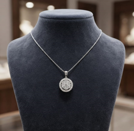 bijuterii diamant - Colier din Aur Alb de 14K cu Pandantiv Rotund și Cluster de Diamante