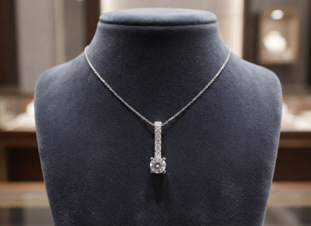 bijuterii diamant - Colier din Aur Alb de 14K cu Pandantiv Vertical Solitar și Diamante