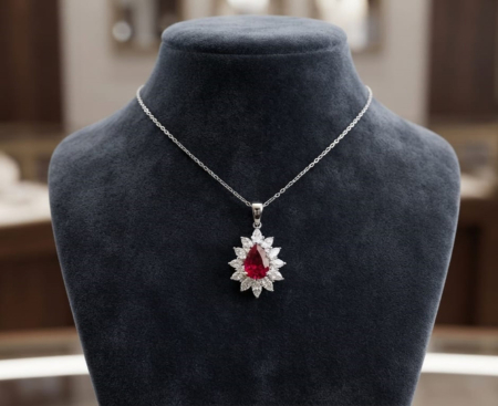 bijuterii diamant - Colier din Aur Alb de 14K cu Rubin Creat în Laborator și Diamante Halo Floral