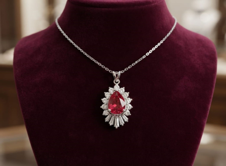 bijuterii diamant - Colier din Aur Alb de 14K cu Rubin Creat în Laborator și Pandantiv Sunburst cu Diamante