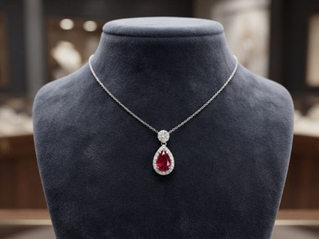 bijuterii diamant - Colier din Aur Alb de 14K cu Rubin Oval și Diamante Halo