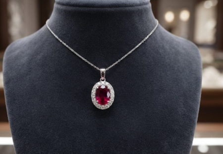 bijuterii diamant - Colier din Aur Alb de 14K cu Rubin Oval și Diamante Halo Clasic