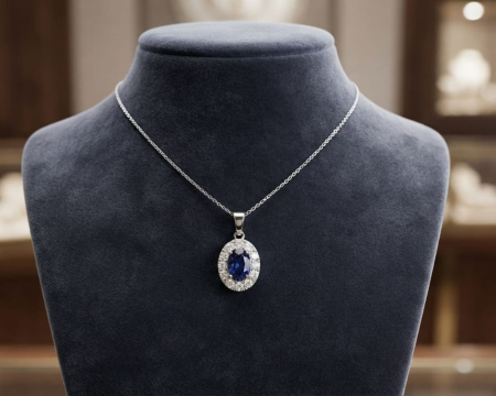LANT AUR CU DIAMANTE NATURALE - Colier din Aur Alb de 14K cu Safir Albastru Oval și Diamante Halo