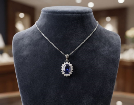 bijuterii diamant - Colier din Aur Alb de 14K cu Safir Albastru Oval și Diamante Halo
