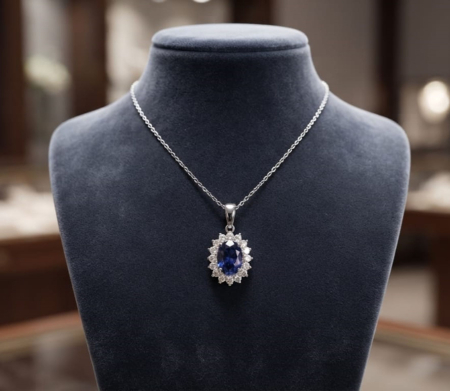 LANT AUR CU DIAMANTE NATURALE - Colier din Aur Alb de 14K cu Safir Creat în Laborator și Diamante Halo