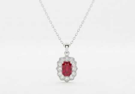 LANT AUR CU DIAMANTE NATURALE - Colier din Aur de 14K cu Piatră Roșie și Aureolă Dantelată din Diamante