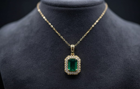 bijuterii diamant - Colier din Aur de 14K cu Smarald și Diamante Naturale – Rafinament Vintage