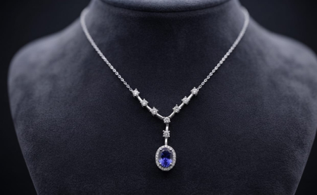 LANT AUR CU DIAMANTE NATURALE - Colier din Aur de 14K în Stil V cu Tanzanit și Diamante Naturale