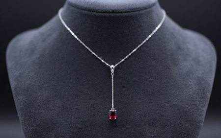 bijuterii diamant - Colier din Aur de 14K în Stil Y cu Piatră Roșie și Diamante Naturale