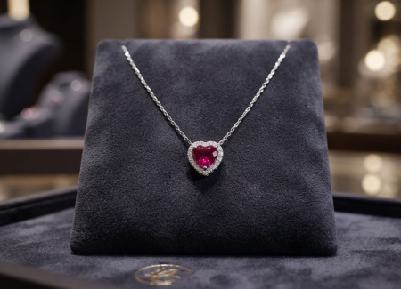 bijuterii diamant - Colier din Aur de 18K cu Pandantiv Inimă din Rubin și Diamante Halo