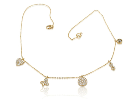 Lant aur 14k - Colier din Aur Galben 14K cu Charms Multiple și Zirconiu (Inimă, Fluture, Bănuț, Infinit)