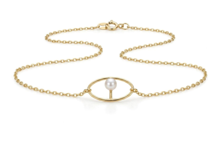 Lant aur 14k - Colier din Aur Galben 14K cu Element Oval și Perlă Centrală (Design Avangardist)