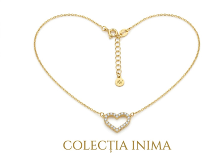 Lant aur 14k - Colier din Aur Galben 14K cu Inimă Conturată Pavată cu Zirconiu