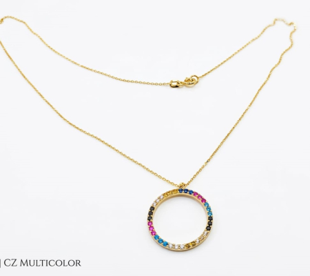 Lant aur 14k - Colier din Aur Galben 14K cu Pandantiv Cerc Pavat cu Zirconiu Multicolor (Rainbow)