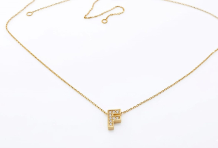 Lant aur 14k - Colier din Aur Galben 14K cu Pandantiv Culisant Inițiala „F” 3D și Zirconiu