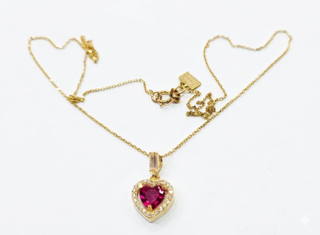 Lant aur 14k - Colier din Aur Galben 14K cu Pandantiv Inimă Ruby-Red și Halo de Zirconii