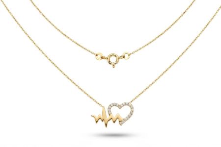 Lant aur 14k - Colier din Aur Galben 14K – Inimă și Linia Pulsului cu Cristale (43 cm, 2.11g)