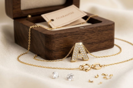 Lant aur 14k - Colier din Aur Galben 14K Initial Alphabet – Lanț Fin cu Pandantiv Litera A și Cristale