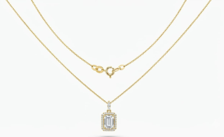Lant aur 14k - Colier din Aur Galben 14K – Pandantiv Emerald Cut și Halo de Cristale (42 cm + 3 cm, 2.15g)