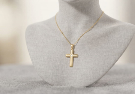 bijuterii diamant - Colier din Aur Galben de 14K cu Pandantiv Cruce și Diamant Central Solitar
