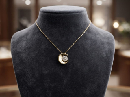 bijuterii diamant - Colier din Aur Galben de 14K cu Pandantiv Semilună și Diamante