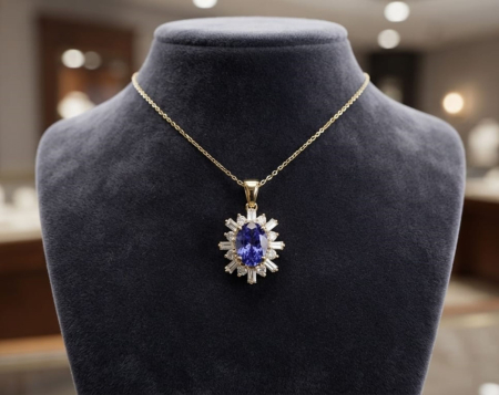 bijuterii diamant - Colier din Aur Galben de 14K cu Tanzanit Oval și Pandantiv Sunburst cu Diamante