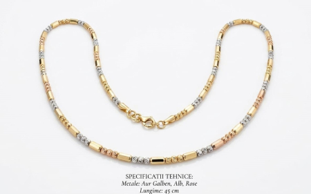 Lant aur 14k - Colier din Aur Tricolor 14K - Model Bare Lucioase și Bile Diamantate