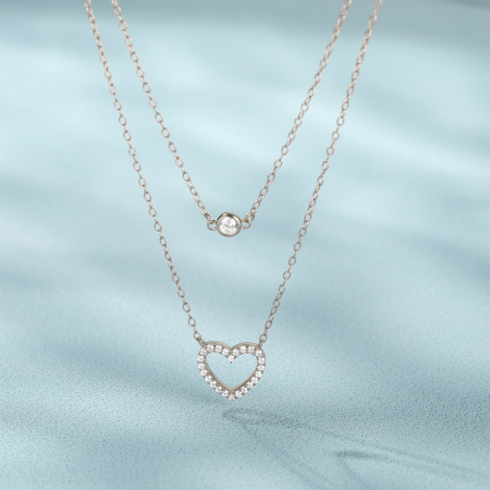 Lant argint 925 dama - Colier Dublu din Argint 925 cu Inimă și Cristal Solitaire Strălucitor (H2)