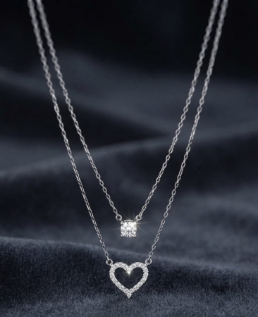 Lant argint 925 dama - Colier Dublu din Argint 925 cu Pandantiv Inimă Pavată și Cristal Solitar, 40+3 cm, 3.10g