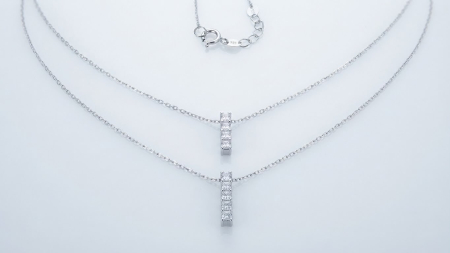 OUTLET - Colier Dublu din Argint 925 „Geometric Minimal” – Lanț în Două Straturi cu Pandantive Bară și Zirconia, 3,5gr