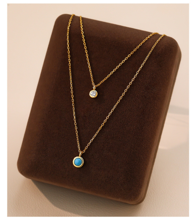 Lant argint 925 dama - Colier Dublu Din Argint 925 Gold Turquoise Layered