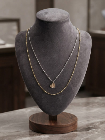 Lant argint 925 dama - Colier Dublu din Argint 925 Layered Golden Heart – Lanțuri Suprapuse cu Inimă Striată