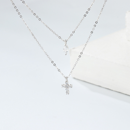 Lant argint 925 dama - Colier Dublu din Argint 925 Placat cu Aur Galben cu Pandantive Cruce și Cristal Marquise