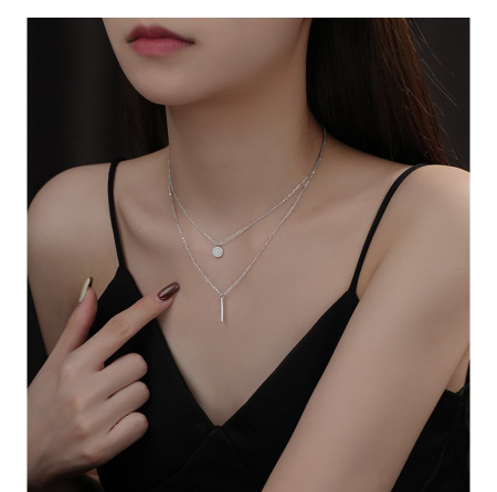 Lant argint 925 dama - Colier Dublu din Argint 925 Rodiat – Layered Circle & Bar
