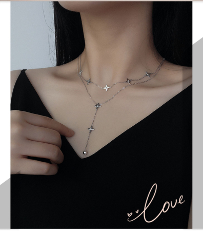 Lant argint 925 dama - Colier Dublu din Argint 925 „Stellar Drop” – Eleganță Modernă în Linii Fine