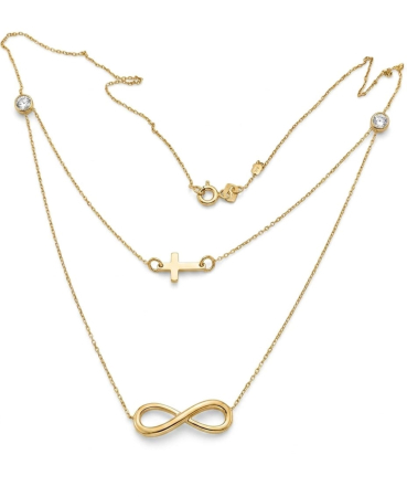 Lant aur 14k - Colier Dublu (Stratificat) din Aur Galben 14K cu Pandantiv Cruce, Infinit și Zirconii Solitare
