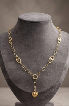 Lant aur 14k - Colier în Stil Y din Aur 14K – Model Cravată cu Medalioane și Inimi, Lungime 45 cm, 4.68g