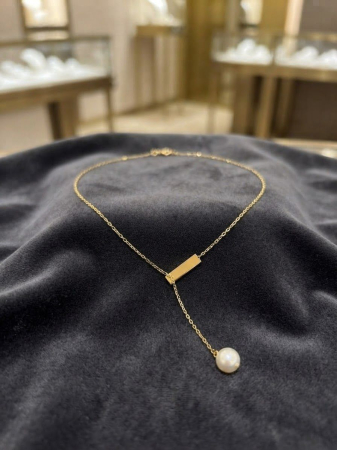 Lant argint 925 dama - Colier Lariat din Argint 925 Placat cu Aur cu Bară Orizontală și Perlă Naturală Suspendată – Eleganță și Fluiditate Modernă