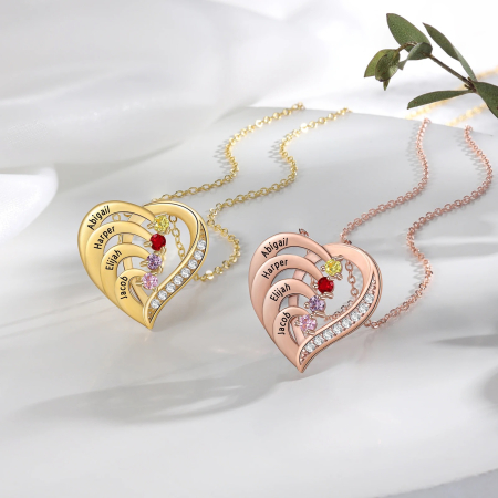 Lant argint 925 dama - Colier Personalizat din Argint 925 Placat cu Aur Galben – Inimă cu Nume și Pietre Birthstone
