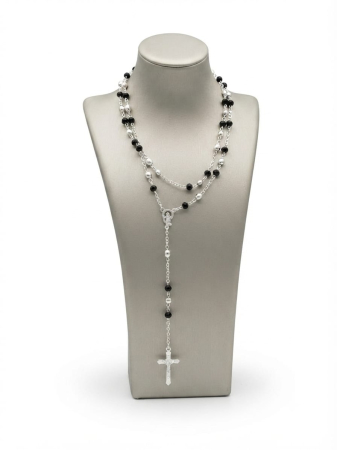 Lant argint 925 dama - Colier Rozariu din Argint 925 cu Mărgele Negre și Crucifix