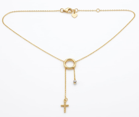 Lant aur 14k - Colier Stil Lariat din Aur Galben 14K cu Cerc și Cruciuliță Culisantă