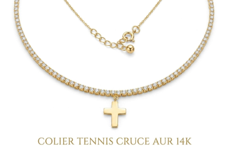 Lant aur 14k - Colier Tennis din Aur Galben 14K cu Pandantiv Cruce și Zirconiu
