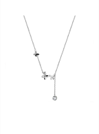 Lant argint 925 dama - Colier Tip Cravată din Argint 925 Rodiat cu Fluturași și Cristal Solitar