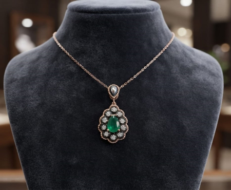 LANT AUR CU DIAMANTE NATURALE - Colier Vintage de Lux din Aur cu Agat Verde și Diamante